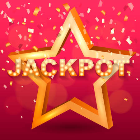 Retro Star with light bulbs on a red background with confetti. Jackpot concept. Vector illustrationのイラスト素材