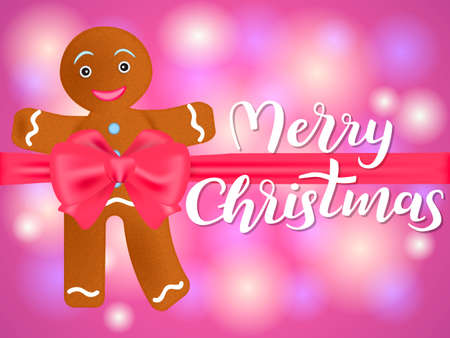Cartoon gingerbread man knotted by red bow. Merry Christmas lettering. Vector illustrationのイラスト素材