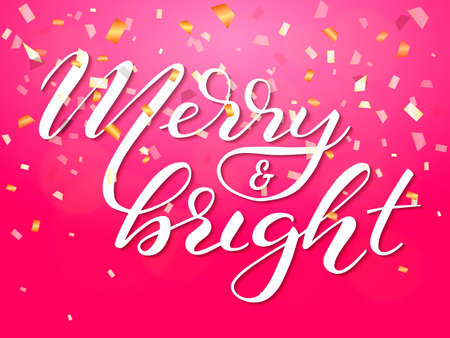 Vector illustration. Merry and bright lettering. Confetti background.のイラスト素材