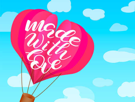 Made with love lettering. Hot air balloon with paper heart float. Paper art style.のイラスト素材
