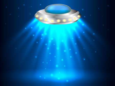 Flying saucer with ray of light. Vector illustration.のイラスト素材