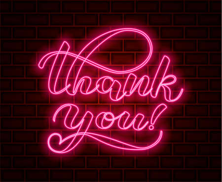 Brick background. Thank you neon lettering. Vector illustration.のイラスト素材