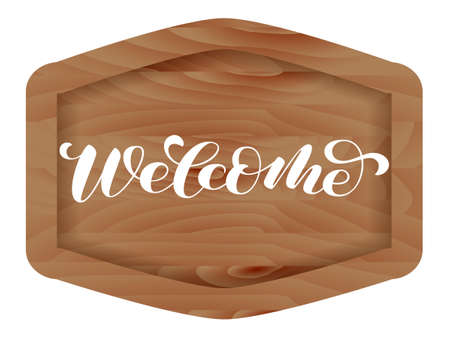 Polygonal wooden sign. Welcome  lettering.  Vector illustrationのイラスト素材