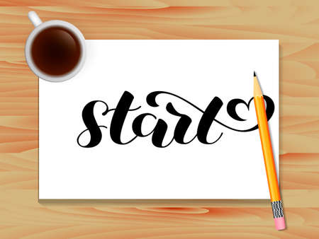 Start lettering. Table with coffee. Vector illustration for card or posterのイラスト素材