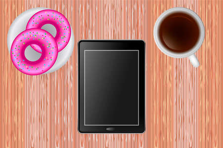 Wooden table with coffee. Empty sheet of paper. Vector illustrationのイラスト素材