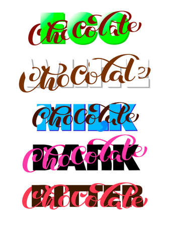 Eco, white, milk, dark, bitter,  chocolate brush lettering. Overlapping Text Layout. Vector illustration for banner or posterのイラスト素材