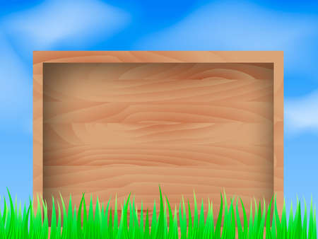 Green grass background with wooden desk. Vector stock illustration for poster or bannerのイラスト素材