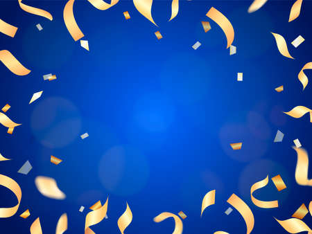 Vector stock illustration. Falling Golden confetti on a blue background for card or posterのイラスト素材
