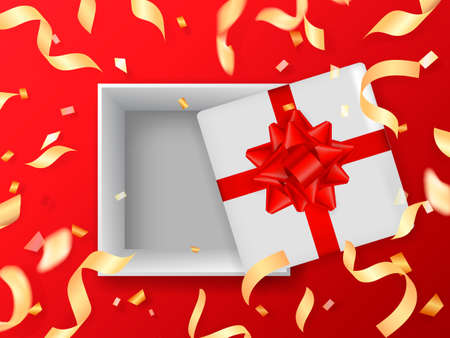 Golden confetti and serpentine on a red abackground. Vector stock illustration banner or postcardのイラスト素材