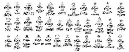 Set of trendy phrases Keep Calm brush lettering. Quotes for banner or poster. Vector stock...