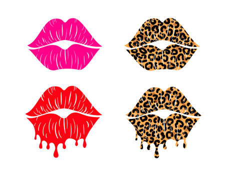 Set of kissing lips with leopard print isolated on a white background for poster or banner. Vector stock illustration.のイラスト素材