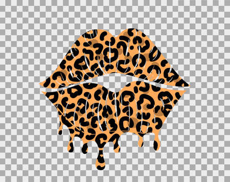 Kissing lips with leopard print isolated on a transparent background for poster or banner. Vector stock illustration.のイラスト素材