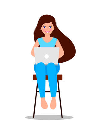 Smiling European girl with long hair sits on a chair with a laptop isolated on white background. Remote work or online education concept. Vector illustrationのイラスト素材