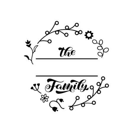 Wildflower wreath with Family lettering. Space for surname. Wedding frame. Vector stock illustrationのイラスト素材