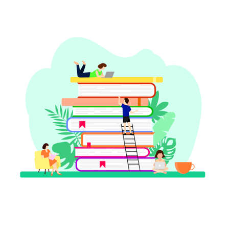 Stack of books with home plants. Small peoples. Flat style. Vector stock illustrationのイラスト素材