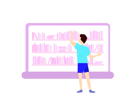 Vector stock illustration. Tiny man choosing book. Online library in laptop concept. Flat designのイラスト素材