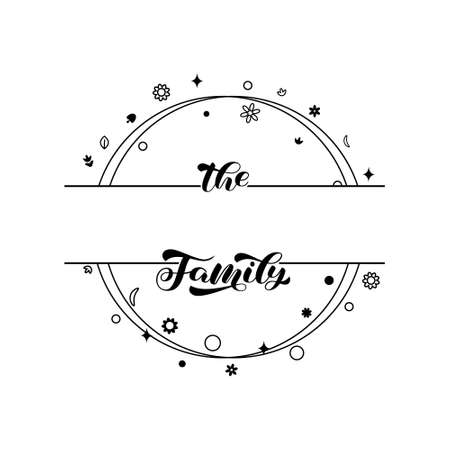 Round wreath with flowerss and elements and the Family lettering. Vector stock illustration for poster and card. Space for textのイラスト素材