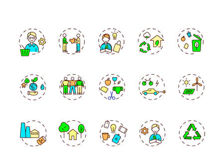 Zero waste idea vector icons set. Environment care. Go green, Conceptual linear illustrations pack. Vector isolated round itemsのイラスト素材