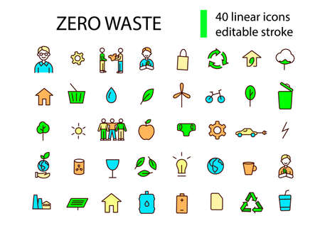 Zero waste color icons set. Recycle, reduce idea. Customizable linear contour symbol bundle. Editable stroke. Isolated vector stock illustrationのイラスト素材