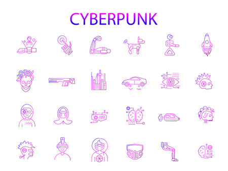Cyberpunk gradient purple icons set. Futuristic city. Exoskeleton and high tech technology. Customizable linear contour symbols collection. Editable stroke. Isolated vector stock illustrationのイラスト素材