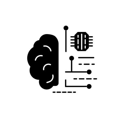 Digital brain glyph icon. Microchip in the brain. Microcircuit in human head. Black symbol. Isolated vector stock illustrationのイラスト素材