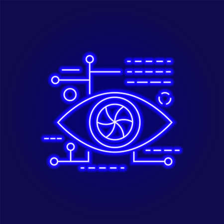 Cyberpunk eye outline icon. Future with robot technology. Bio-robot gadgets. Human high tech implants. Blue neon symbol. Isolated vector stock illustrationのイラスト素材
