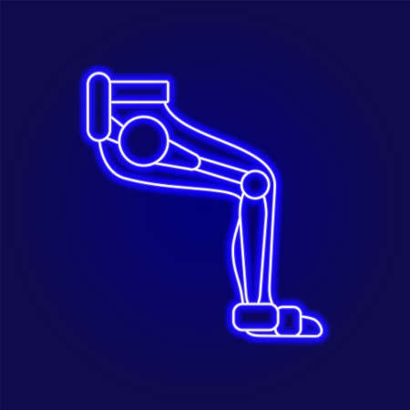 Muscular leg with exoskeleton outline icon. Futuristic medicine. Rehabilitation help. Blue neon contour symbol. Isolated vector stock illustrationのイラスト素材