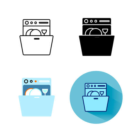 Dishwasher esim icons set. Customizable linear contour symbol. Editable stroke. Glyph, color, shadow icons. Isolated vector stock illustrationのイラスト素材