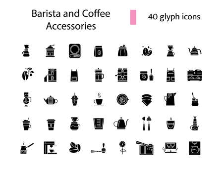 Barista and coffee accessories glyph icons set. Coffee shop equipment. Black filled contour symbols collection. Isolated vector stock illustrationのイラスト素材