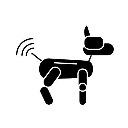Futuristic robot dog glyph icon. Radio control from internet. Cyberpunk idea. Bio-robot gadgets. Black symbol. Isolated vector stock illustrationのイラスト素材