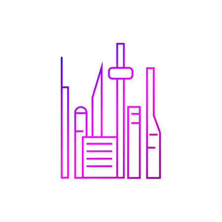 Cyberpunk futuristic city with skyscrapers outline icon. Futuristic city. Gradient linear purple contour symbol. Isolated vector stock illustrationのイラスト素材