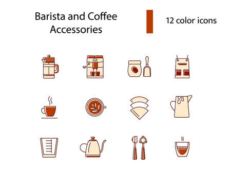 Barista accessories flat icons set. French press. Portafilter and measuring cup. Coffee shop professional tools. Color filled symbols collection. Isolated vector stock illustrationのイラスト素材