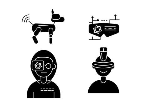 Cyberpunk outline icons set. Futuristic glasses and robot dog. High tech technology. Future people avatar. Black symbols collection. Isolated vector stock illustrationのイラスト素材
