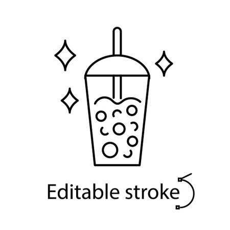 Milk bubble tea outline icon. Taiwanese popular drink. Street food. Customizable linear contour symbol. Editable stroke. Isolated vector stock illustrationのイラスト素材