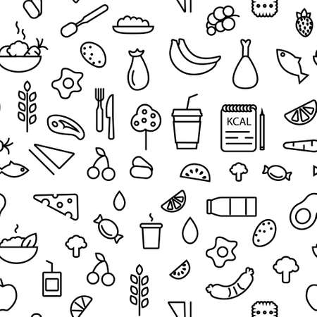 School meal concept text with outline icons. Kids menu. Healthy eating program. Seamless pattern. Editable stroke. Isolated vector stock illustrationのイラスト素材
