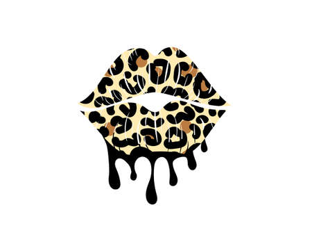 Kissing lips with leopard print. Dripping paint. Cheetah design. Isolated vector illustration. Trendy sticker for tshirtのイラスト素材