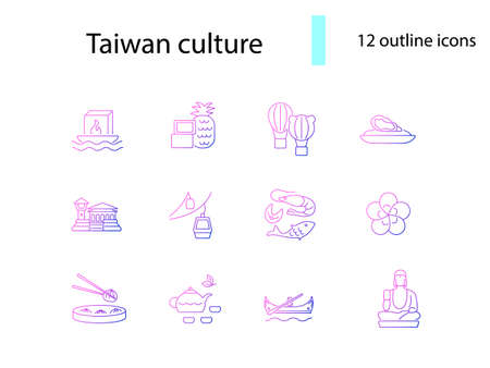 Culture of Taiwan outline icons set. Taiwanese items. Elements for travel agent and guide. Purple gradient symbol. Isolated vector stock illustrationのイラスト素材