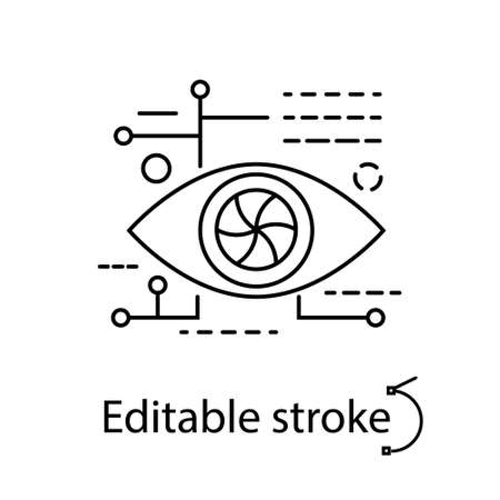 Cyberpunk eye outline icon. Future with robot technology. Bio-robot gadgets. Human high tech implants. Customizable linear contour symbol. Editable stroke. Isolated vector stock illustrationのイラスト素材