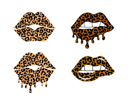 Kissing and biting lips with leopard print collection. Dripping paint. Cheetah design. Isolated vector illustration set. Trendy sticker for tshirtのイラスト素材