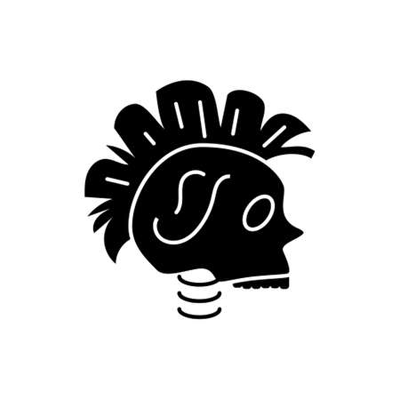 Cyberpunk head with mohawk glyph icon. Futuristic skull. Future with robot technology. Science fiction, game, confrontation between humans and robots. Black symbol. Isolated vector stock illustrationのイラスト素材