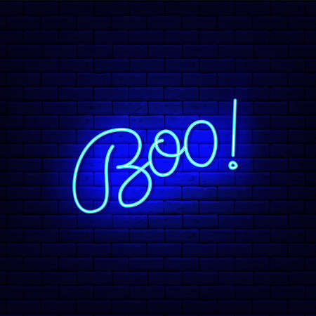 Boo neon brush lettering. Scary inscription. Happy Halloween banner. Night bright signboard. Outer glowing effect poster for bar and club. Editable stroke. Isolated vector stock illustrationのイラスト素材