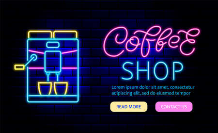 Coffee shop neon banner. Bright flyer. Espresso coffee machine neon light icon. Barista professional device. Editable stroke. Vector stock illustrationのイラスト素材