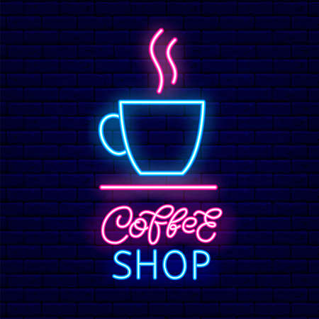 Cup of hot drink outline neon icon. Coffee mug. Coffee shop brush lettering. Outer glowing effect banner. Club or bar concept on brick wall background. Editable stroke. Isolated vector illustrationのイラスト素材