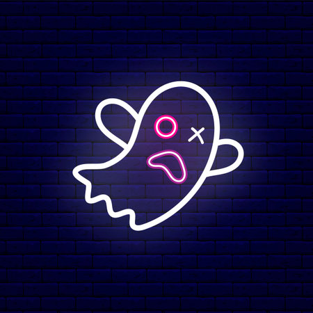 Neon ghost icon. Happy Halloween concept. Night bright signboard. Outer glowing effect banner. Editable stroke. Isolated vector stock illustrationのイラスト素材