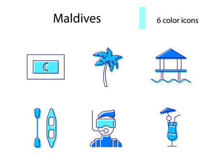 Maldives attractions outline icons set. Coconut drink and seaplane. Palm and flag. Tropical resort. Color filled symbols collection. Isolated vector stock illustrationのイラスト素材