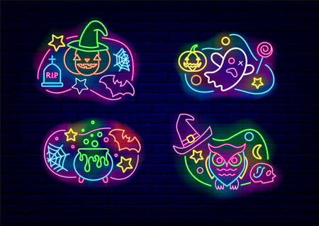 Happy Halloween neon icon collection. Night bright signboard. Outer glowing effect banner. Holiday october poster and promotion. Editable stroke. Isolated vector stock illustrationのイラスト素材