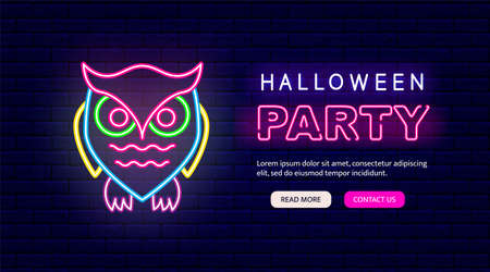Halloween party neon greeting card. Colorful neon owl icon. Night bright signboard. Outer glowing effect banner. Editable stroke. Isolated vector stock illustrationのイラスト素材