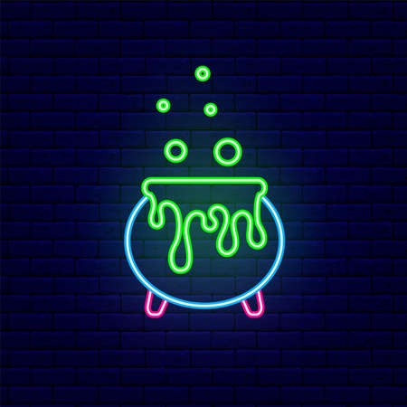 Cauldron of witch potion glowing icon. Happy Halloween neon concept. Night bright signboard. Outer glowing effect banner. Editable stroke. Isolated vector stock illustrationのイラスト素材
