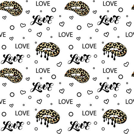 Kissing and biting lips with leopard print. Melting lipstick. Seamless pattern. Love lettering. Dripping paint. Isolated stock vector illustration. Trendy texture for shirtのイラスト素材