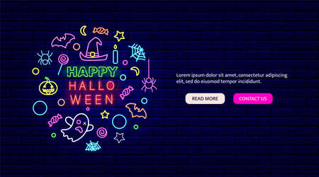 Happy Halloween promotion with circle neon layout. Colorful bright icon text. Night signboard. Outer glowing effect flyer. Editable stroke. Isolated vector stock illustrationのイラスト素材